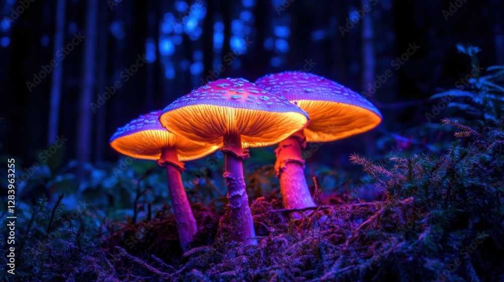 Fototapeta premium giant mushrooms glowing with bioluminescent light in a dark enchanted forest, focus on mystery and fantasy