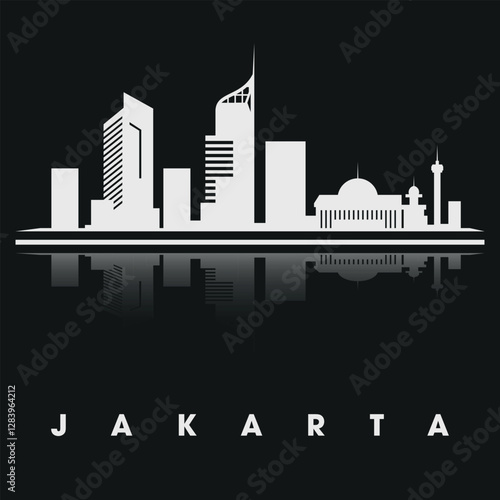 Stylized black and white illustration of the Jakarta skyline, the capital of Indonesia. Landmark buildings and landmarks in a minimalist silhouette design with a reflection effect at the bottom.