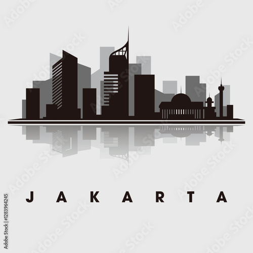 Stylized black and white illustration of the Jakarta skyline, the capital of Indonesia. Landmark buildings and landmarks in a minimalist silhouette design with a reflection effect at the bottom.