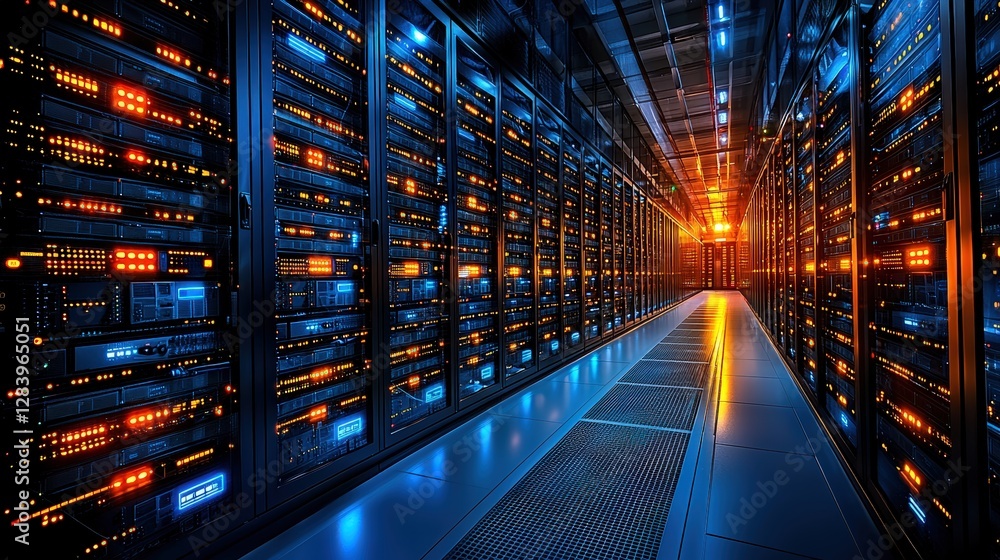 High-tech server room filled with rows of servers and equipment in a modern data center environment High-tech server room filled with rows of servers and equipment in a modern data center environment