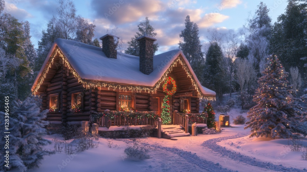 Fototapeta premium charming log cabin decorated for Christmas, surrounded by snow, festive and inviting, perfect for holiday celebrations in winter forest