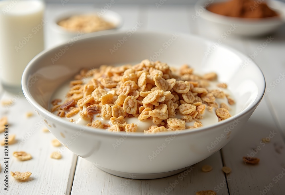 Healthy Organic Granola with Milk for Breakfast in a Bowl
Healthy Organic Granola with Milk for Breakfast in a Bowl