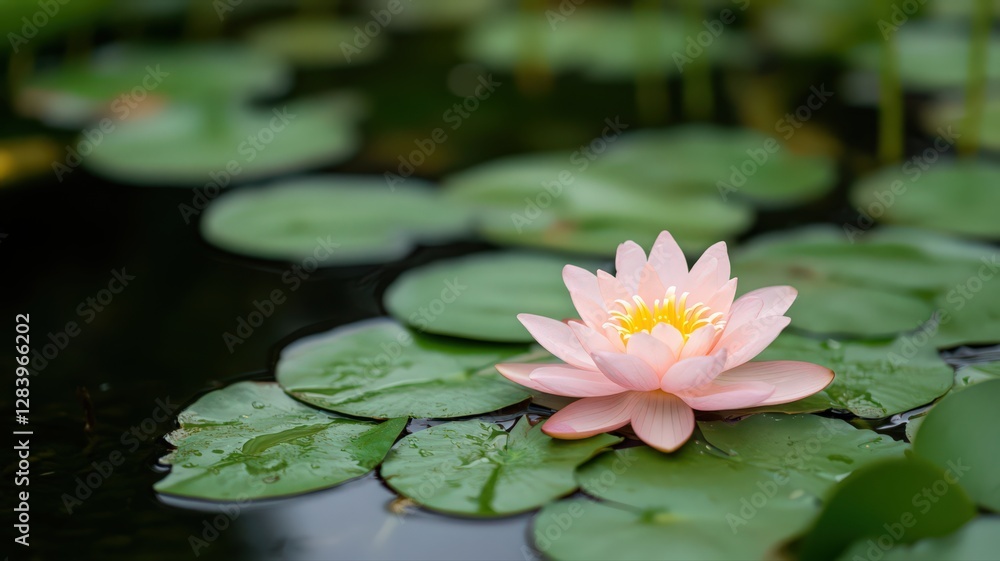 Pink Water Lily Blossom on Dark Water with Green Lily Pads Pink Water Lily Blossom on Dark Water with Green Lily Pads