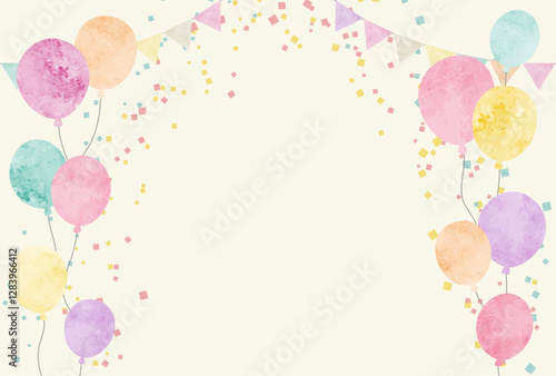 水彩のお祝い背景フレームイラスト（風船・ガーランド・ベージュ）