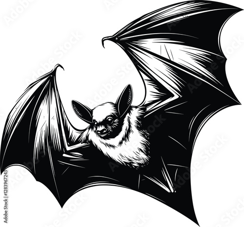 Bat in Mid Flight in Detailed Hand Drawn Vector Illustration