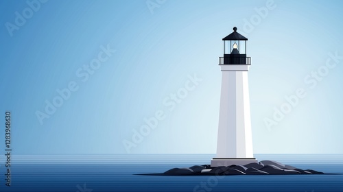 A serene lighthouse standing tall against a clear blue sky, surrounded by calm waters. This tranquil scene captures the essence of coastal beauty and nautical architecture. photo