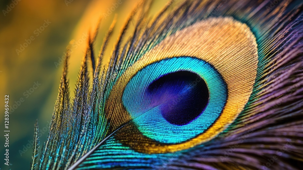 Obraz premium A close-up of a vibrant peacock feather displaying its intricate patterns and iridescent colors.