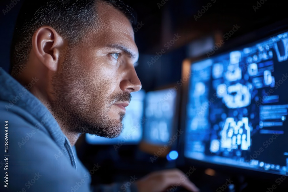 Fototapeta premium A close-profile view of a serious male programmer engaging with multiple screens showcasing data, signifying the dedicated work ethic and challenges faced in the tech field.