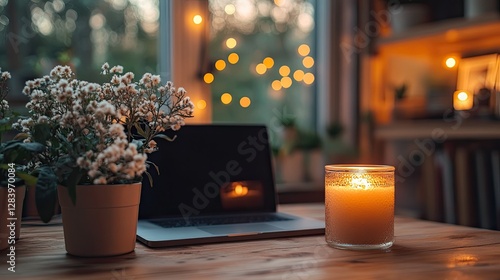 Cozy desk setup featuring a laptop, candle, and fresh flowers, creating a peaceful work environment.