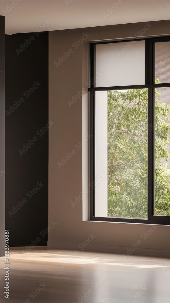 Modern interior with large window overlooking greenery during daylight Modern interior with large window overlooking greenery during daylight