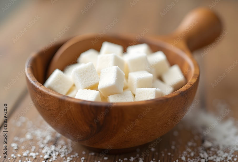 White sugar cubes in bowl and scoop on wooden table, top view
White sugar cubes in bowl and scoop on wooden table, top view