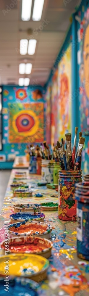 Fototapeta premium Many paint brushes and paints on a table