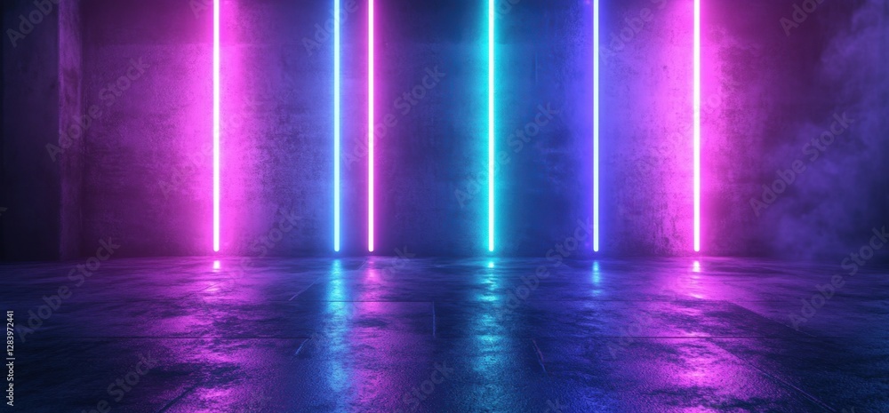 Vibrant neon lights illuminating grunge concrete room with smoke Vibrant neon lights illuminating grunge concrete room with smoke