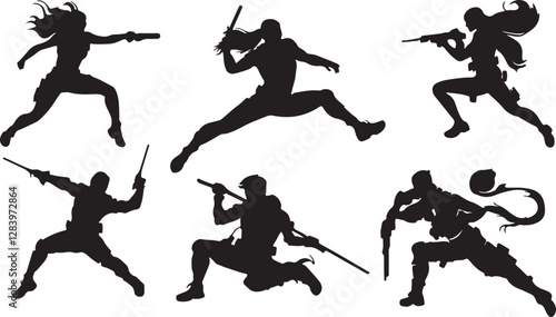 vector silhouettes of fighter  people on white background.