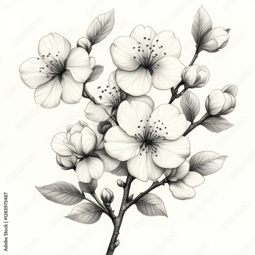 White Blossoms on Branch Sketch Delicate Floral Artwork Botanical Drawing Realistic Style White Blossoms on Branch Sketch Delicate Floral Artwork Botanical Drawing Realistic Style