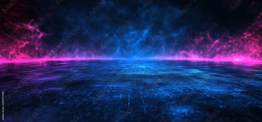 Fototapeta premium Futuristic sci-fi floor reflecting pink and blue neon lights with smoke