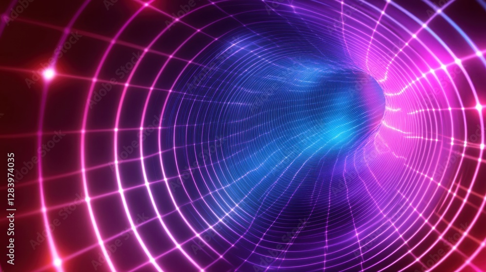 Glowing neon grid tunnel rotating and creating abstract vortex with light streaks Glowing neon grid tunnel rotating and creating abstract vortex with light streaks