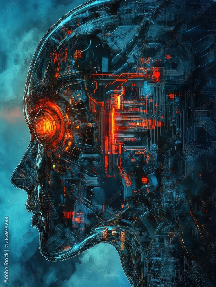Fusion of human and machine in a futuristic landscape featuring an AI enhanced cybernetic form. Generative AI Fusion of human and machine in a futuristic landscape featuring an AI enhanced cybernetic form. Generative AI