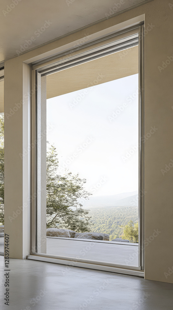 Large modern window showcasing a serene mountain view during daylight hours Large modern window showcasing a serene mountain view during daylight hours