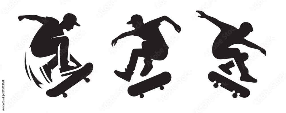 Skateboard boy jumping vector black silhouette lineart logo icon, sports isolated on white background Skateboard boy jumping vector black silhouette lineart logo icon, sports isolated on white background
