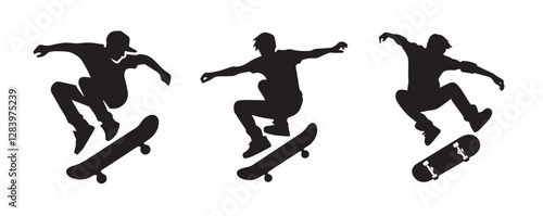 Skateboard boy jumping vector black silhouette lineart logo icon, sports isolated on white background