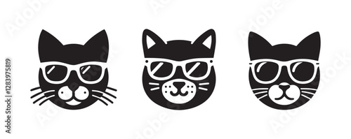 Cat wearing sunglass vector black silhouette lineart logo icon, cute kitten animal isolated on white background
