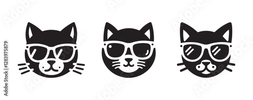 Cat wearing sunglass vector black silhouette lineart logo icon, cute kitten animal isolated on white background