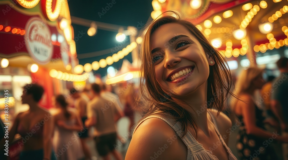 Happy Young Woman at a State Fair Carnival at Night, Carousel and Rides Behind Her Happy Young Woman at a State Fair Carnival at Night, Carousel and Rides Behind Her