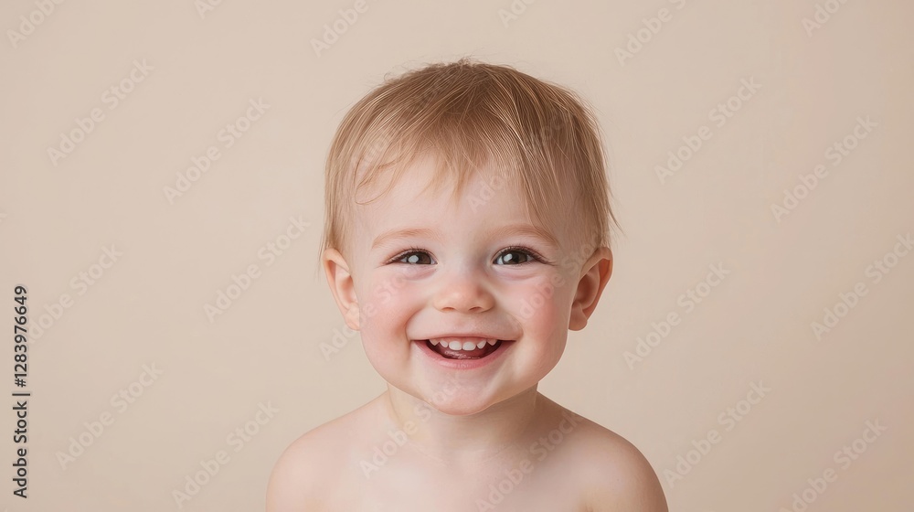 Happy Baby's Smiling Portrait Against Beige Background. Possible use Stock photography for children's products, baby care, or general family/parenting themes Happy Baby's Smiling Portrait Against Beige Background. Possible use Stock photography for children's products, baby care, or general family/parenting themes