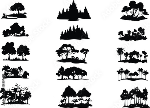 Set of silhouettes of trees on white background.