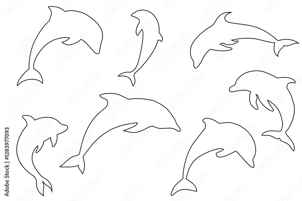 Obraz premium Dolphins graphic icons set. Signs swimming dolphins isolated on white background.
