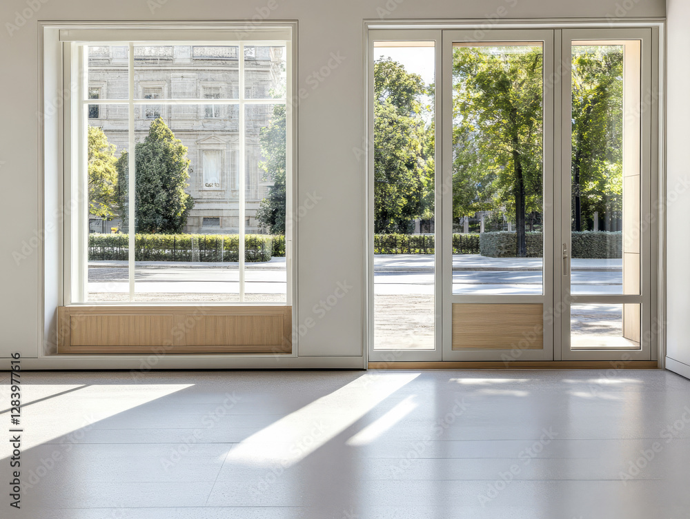 Fototapeta premium Bright interior space with large windows showcasing urban greenery and natural light