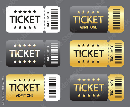 Tickets gold, silver and white. Vector ticket design template.  Admit one. Tickets for cinema, movie, circus, carnival, film, festival, etc. Vector illustration.
