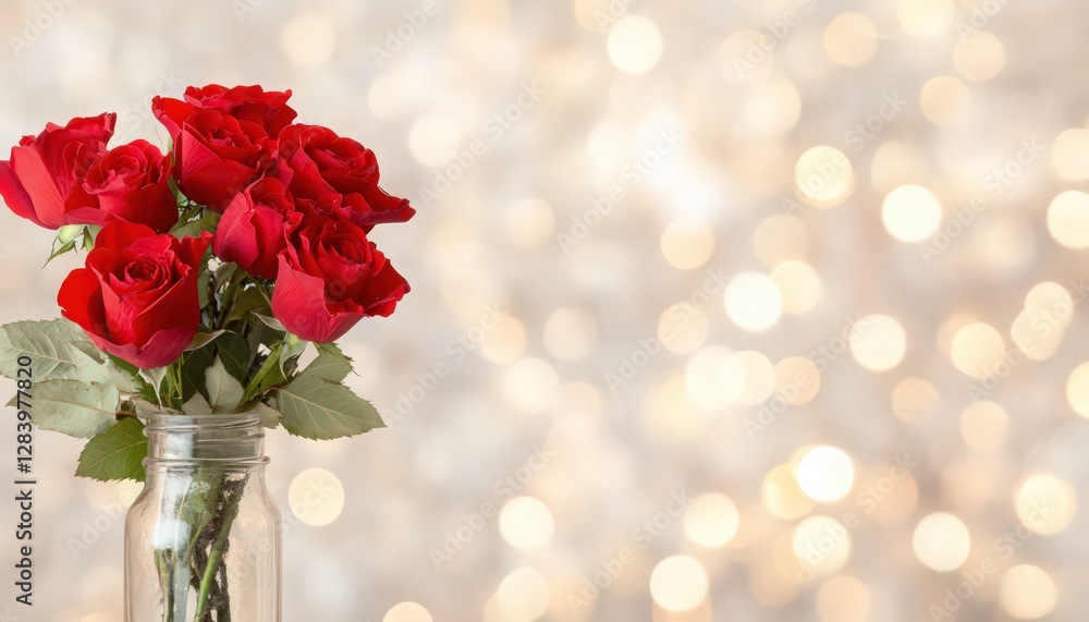 Red Roses in Glass Jar Against Bokeh Lights Red Roses in Glass Jar Against Bokeh Lights