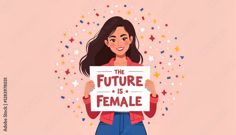 Cheerful woman celebrating Women's Day holding sign Cheerful woman celebrating Women's Day holding sign