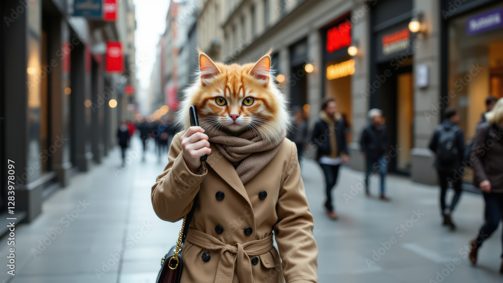 Obraz premium A woman wearing a coat with cat ears on her head standing outdoors.