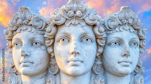 Marble heads, serene, sky backdrop,  sunrise