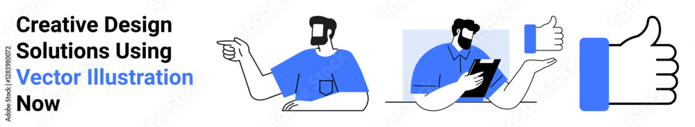 Male figure pointing to an idea, another using a tablet for collaboration, and a thumbs-up symbol denoting approval. Ideal for teamwork, creativity, design process, communication, brainstorming Male figure pointing to an idea, another using a tablet for collaboration, and a thumbs-up symbol denoting approval. Ideal for teamwork, creativity, design process, communication, brainstorming