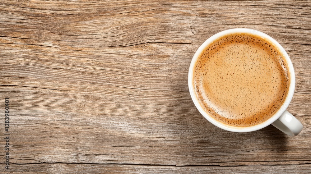 Freshly Brewed Coffee in White Mug on Rustic Wooden Table Freshly Brewed Coffee in White Mug on Rustic Wooden Table