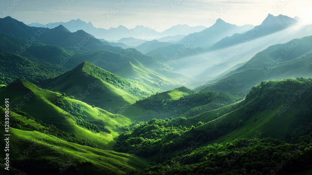 Naklejka premium Misty sunrise over mountains in lush valley landscape