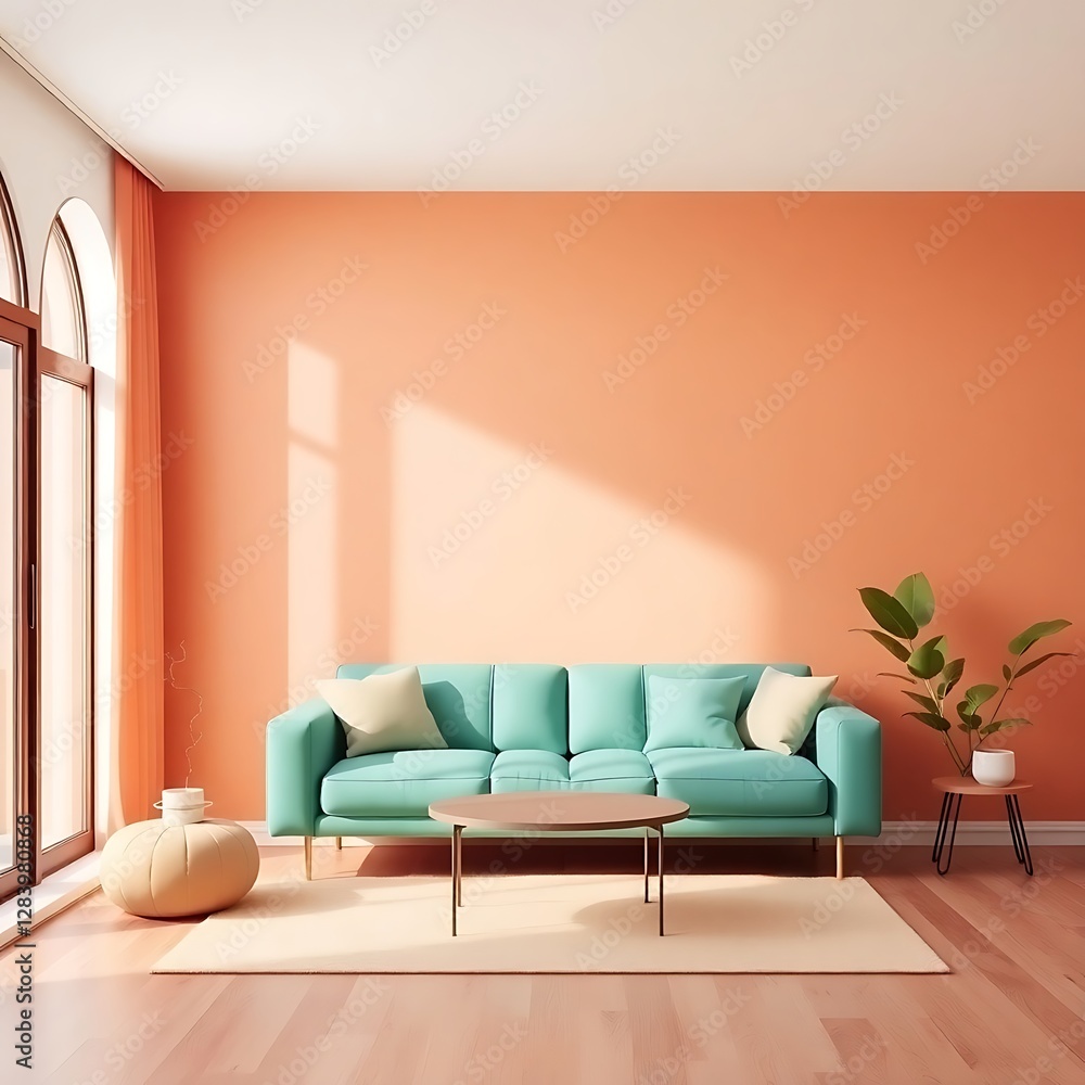 Fototapeta premium Idea of a blue minimalist living room interior with sofa, vases on the wooden floor and decor on the large wall and white landscape in window. Home nordic interior. 3D illustration