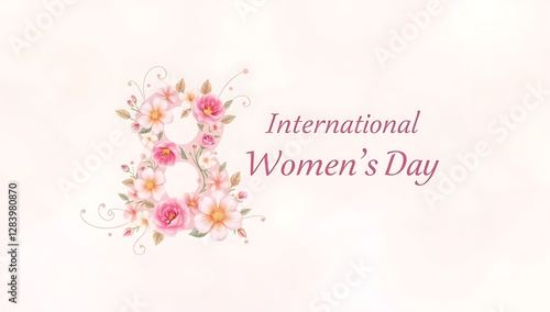 Happy women's day pink background with 8th March  pink flowers 8 number