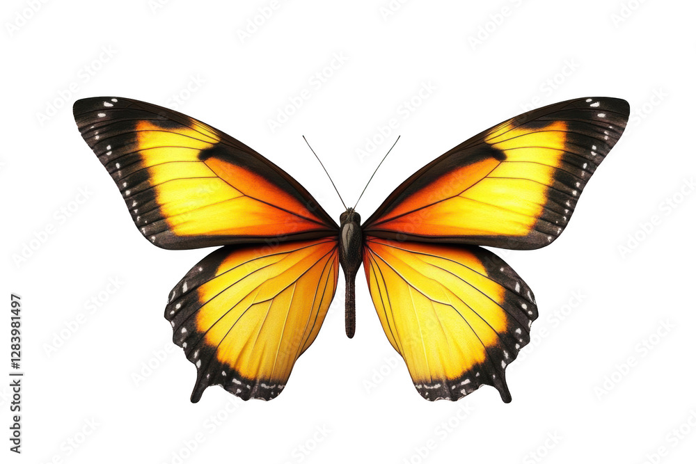 A Yellow and Black Butterfly with Transparent Wings Soars Through the Air, a Symbol of Transformation and Beauty A Yellow and Black Butterfly with Transparent Wings Soars Through the Air, a Symbol of Transformation and Beauty