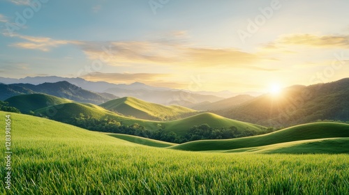 Misty sunrise over rolling mountains serene grasslands view