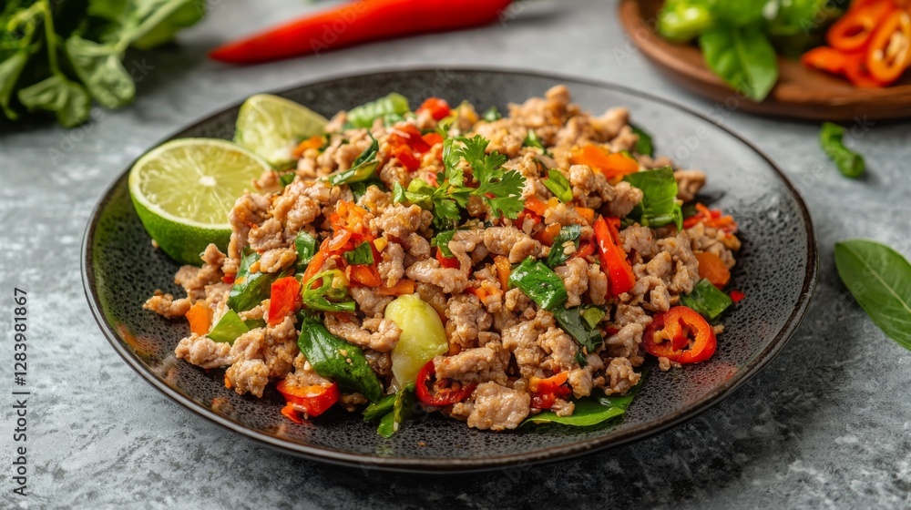 A plate of authentic Thai Larb Moo, featuring minced pork, Thai chili, and a generous squeeze of lime juice. --chaos 20 --ar 16:9 --quality 2 --v 6.1 Job ID: 1ca867fc-1ea8-4208-98e3-c23c38da5f8a A plate of authentic Thai Larb Moo, featuring minced pork, Thai chili, and a generous squeeze of lime juice. --chaos 20 --ar 16:9 --quality 2 --v 6.1 Job ID: 1ca867fc-1ea8-4208-98e3-c23c38da5f8a