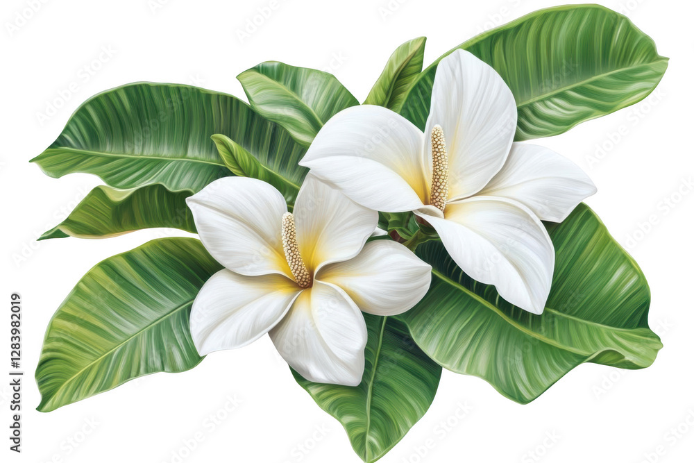 Fototapeta premium White Flowers with Green Leaves, Transparent Object, See-Through Flowers, Beautiful Floral Arrangement, Blooming Flowers, Transparent Petals, Translucent Flowers, Glossy Flowers
