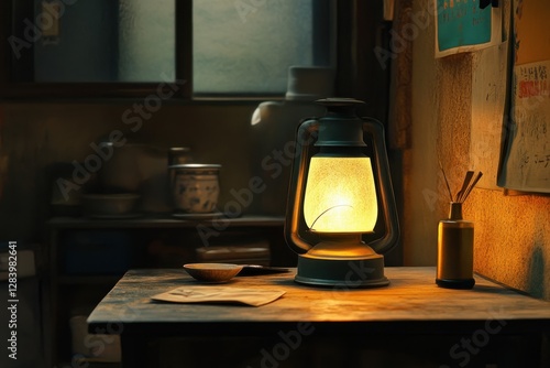 A lit oil lantern and the items on a wooden table