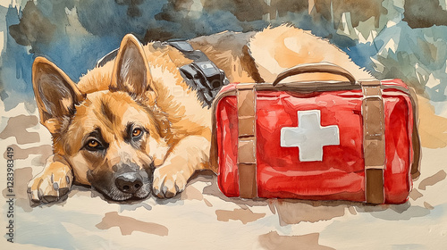 Shepherd of Hope: A Gentle German Shepherd With a First Aid Kit Ready to Bring Relief and Kind Support.