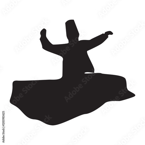 Peaceful sufi dancer dancing calmy isolated over white background editable vector graphic for design purposes.Sufi master dancing in ecstasy silhouette with hands wide spread and spinning.Eps10