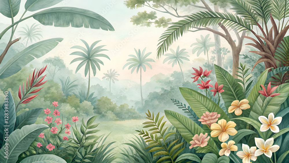 Naklejka premium Vibrant watercolor jungle painting with exotic plants and flowers in soft, blended hues, perfect for natural wallpaper designs.